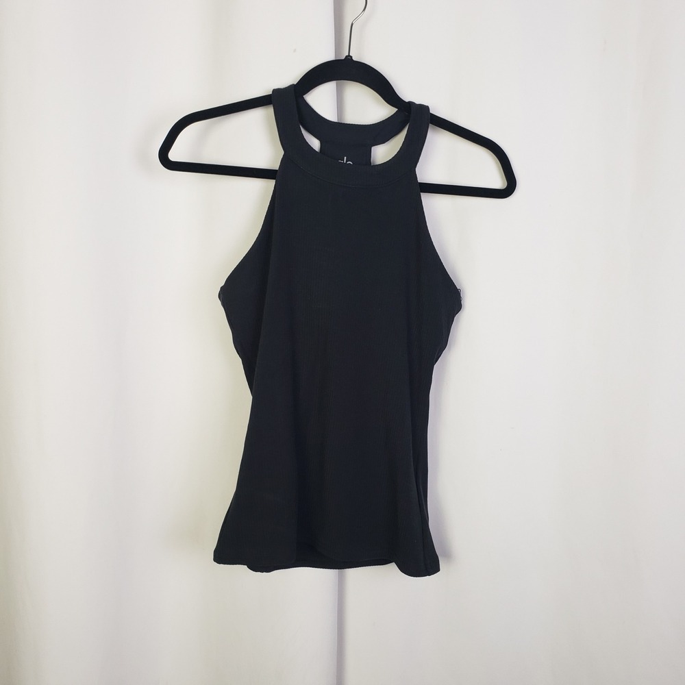 Alo Yoga Womens Ribbed Halter Tank Top Black High Neck Racerback Size S